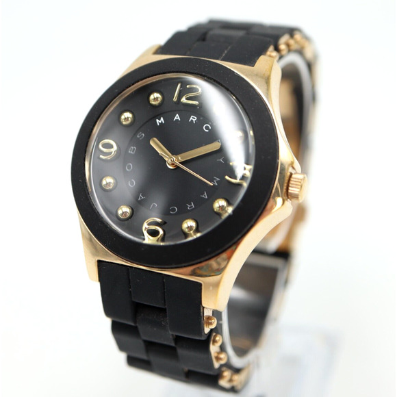 Marc Jacobs Ladies Watch 36mm Black Gold Pelly Rubber Style Strap MBM2540 Works - Picture 1 of 14